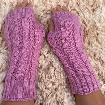 Rose Pink Alpaca Blend Cable Knit Fingerless Gloves