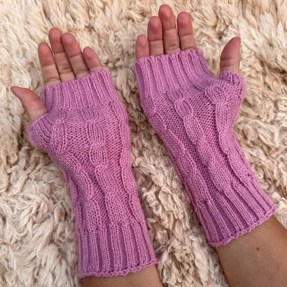 Rose Pink Alpaca Blend Cable Knit Fingerless Gloves
