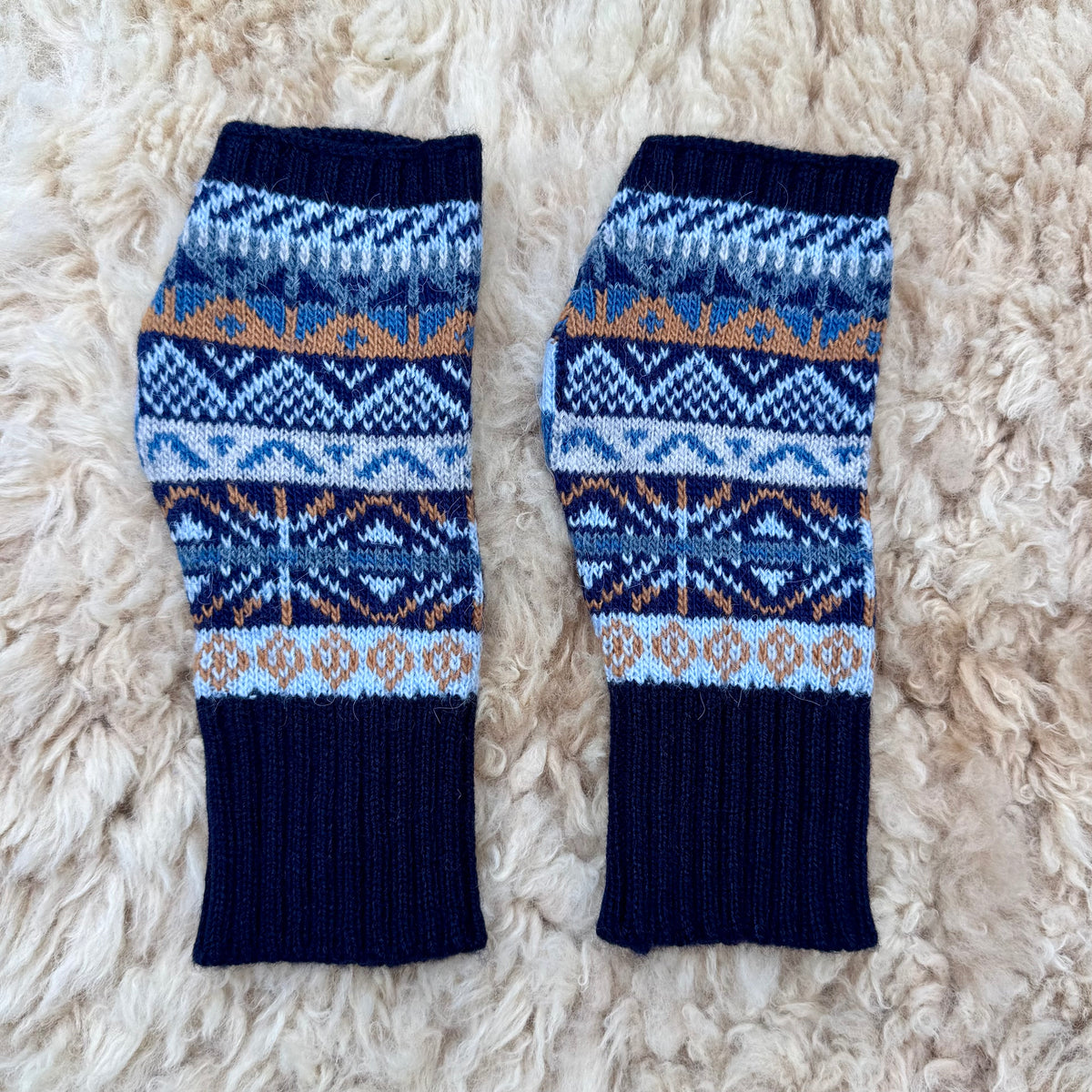 Alpaca Blend Fair Isle Fingerless Gloves- Navy Blue
