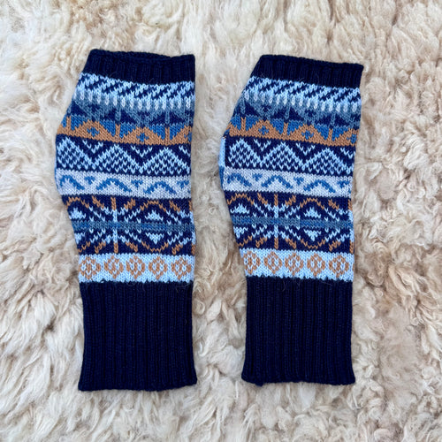 Alpaca Blend Fair Isle Fingerless Gloves- Navy Blue