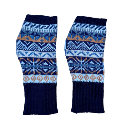 Alpaca Blend Fair Isle Fingerless Gloves- Navy Blue
