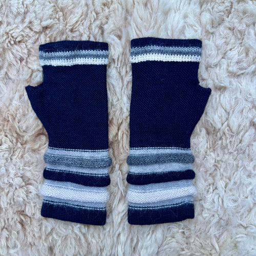 Midnight Navy Striped Cuff Baby Alpaca Fingerless Gloves
