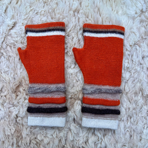Terracotta Striped Cuff Baby Alpaca Fingerless Gloves