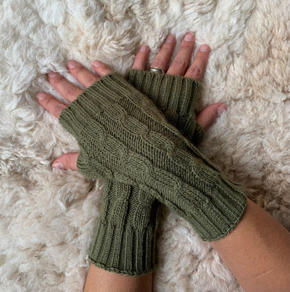Military Green Alpaca Blend Cable Knit Fingerless Gloves