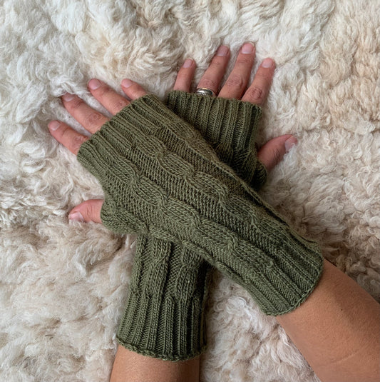 Military Green Alpaca Blend Cable Knit Fingerless Gloves