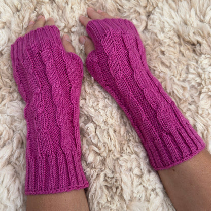 Pink Alpaca Blend Cable Knit Fingerless Gloves
