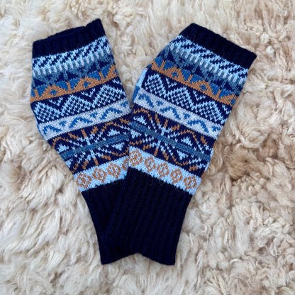 Alpaca Blend Fair Isle Fingerless Gloves- Navy Blue