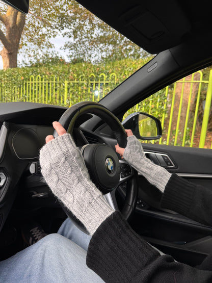 Light Grey Alpaca Blend Cable Knit Fingerless Gloves
