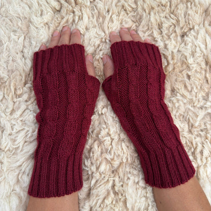 Burgundy Alpaca Blend Cable Knit Fingerless Gloves