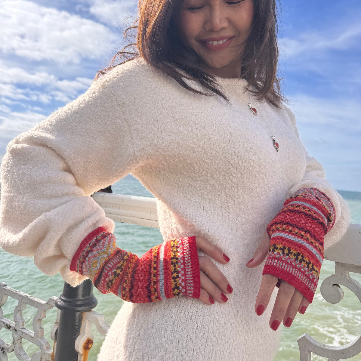 Red Baby Alpaca Fair Isle Fingerless Gloves
