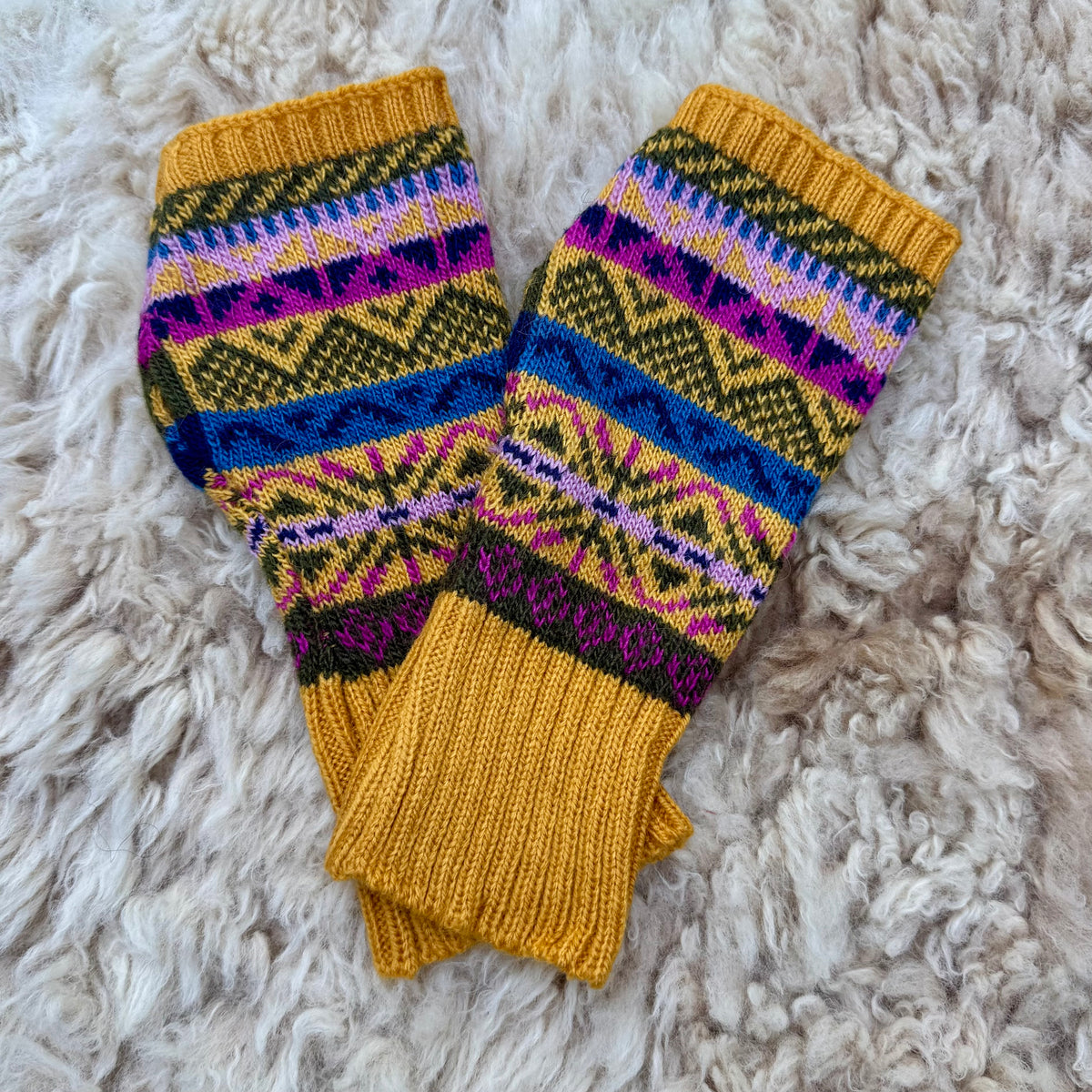 Alpaca Blend Fair Isle Fingerless Gloves- Mustard