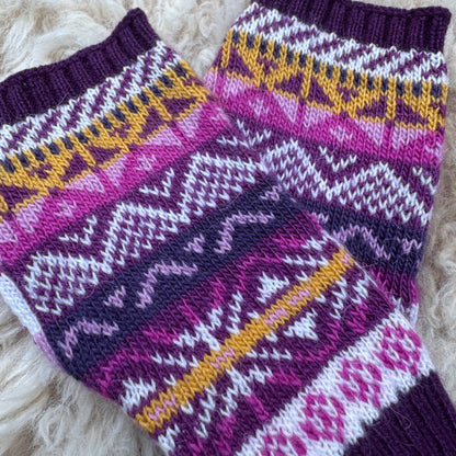 Alpaca Blend Fair Isle Fingerless Gloves- Purple