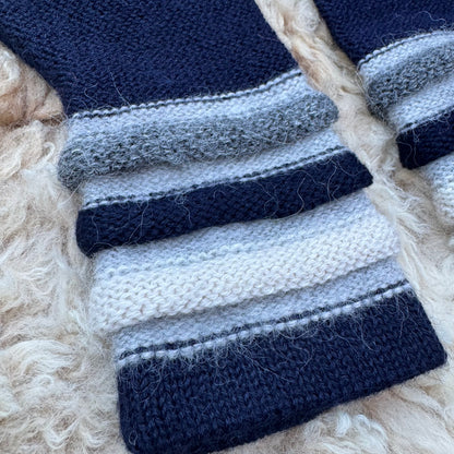 Midnight Navy Baby Alpaca Fingerless Gloves | Grey Striped Wrist Warmers