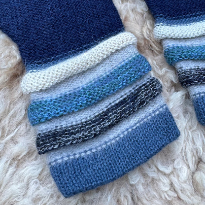 Navy Blue Baby Alpaca Fingerless Gloves | Striped Wrist Warmers