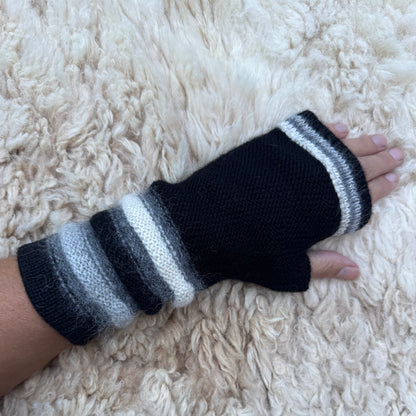 Black Baby Alpaca Fingerless Gloves | Striped Wrist Warmers