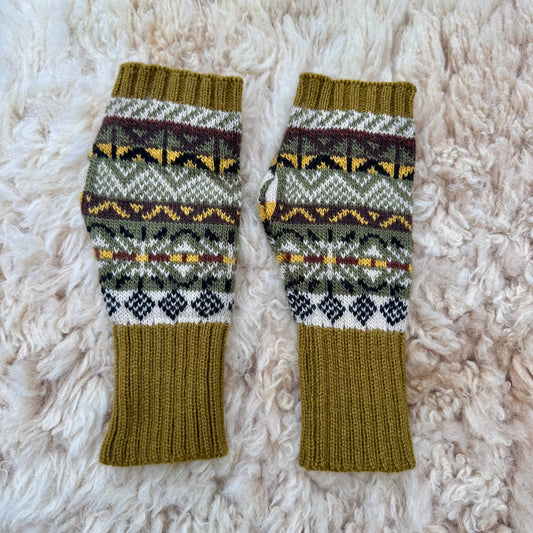 Alpaca Blend Fair Isle Fingerless Gloves- Green