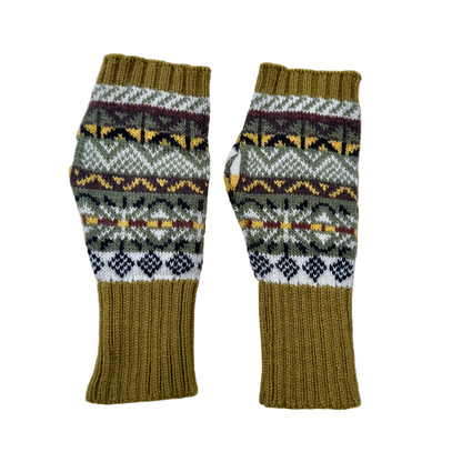 Alpaca Blend Fair Isle Fingerless Gloves- Green