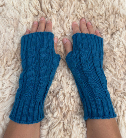 Teal Alpaca Blend Cable Knit Fingerless Gloves