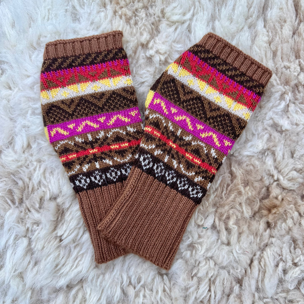 Alpaca Blend Fair Isle Fingerless Gloves- Chocolate