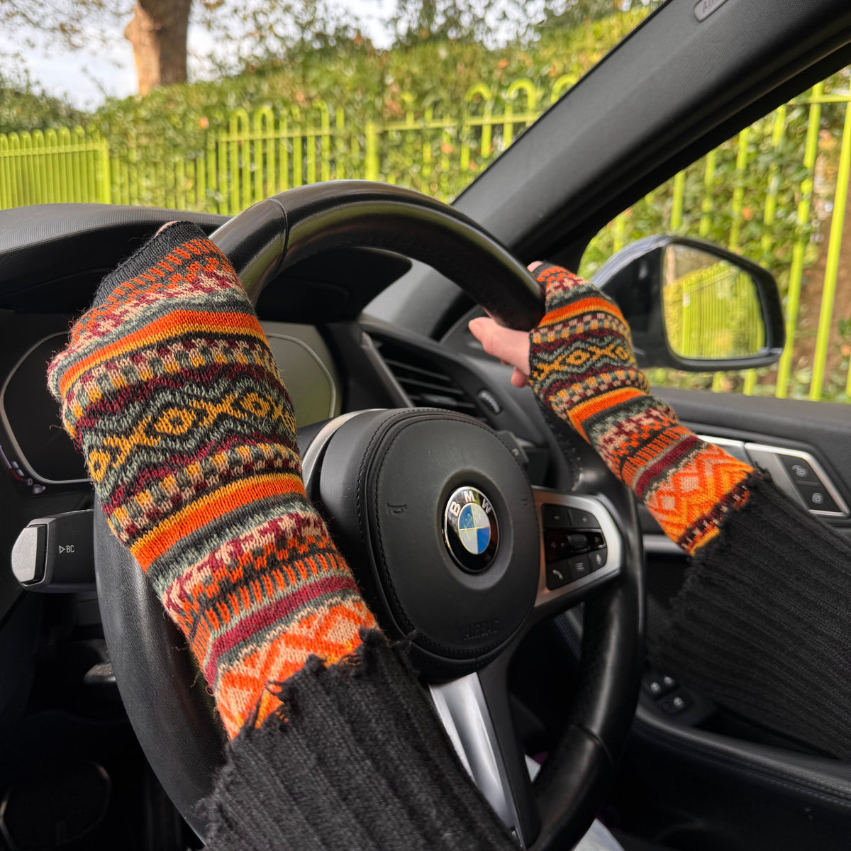 Orange Alpaca Fingerless Gloves - Fair Isle Style