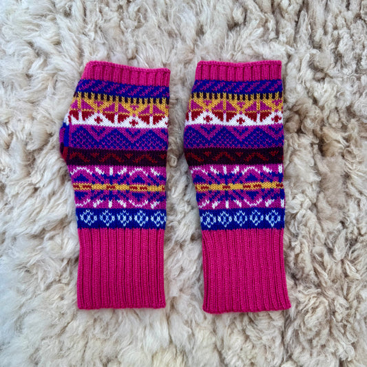 Alpaca Blend Fair Isle Fingerless Gloves- Pink