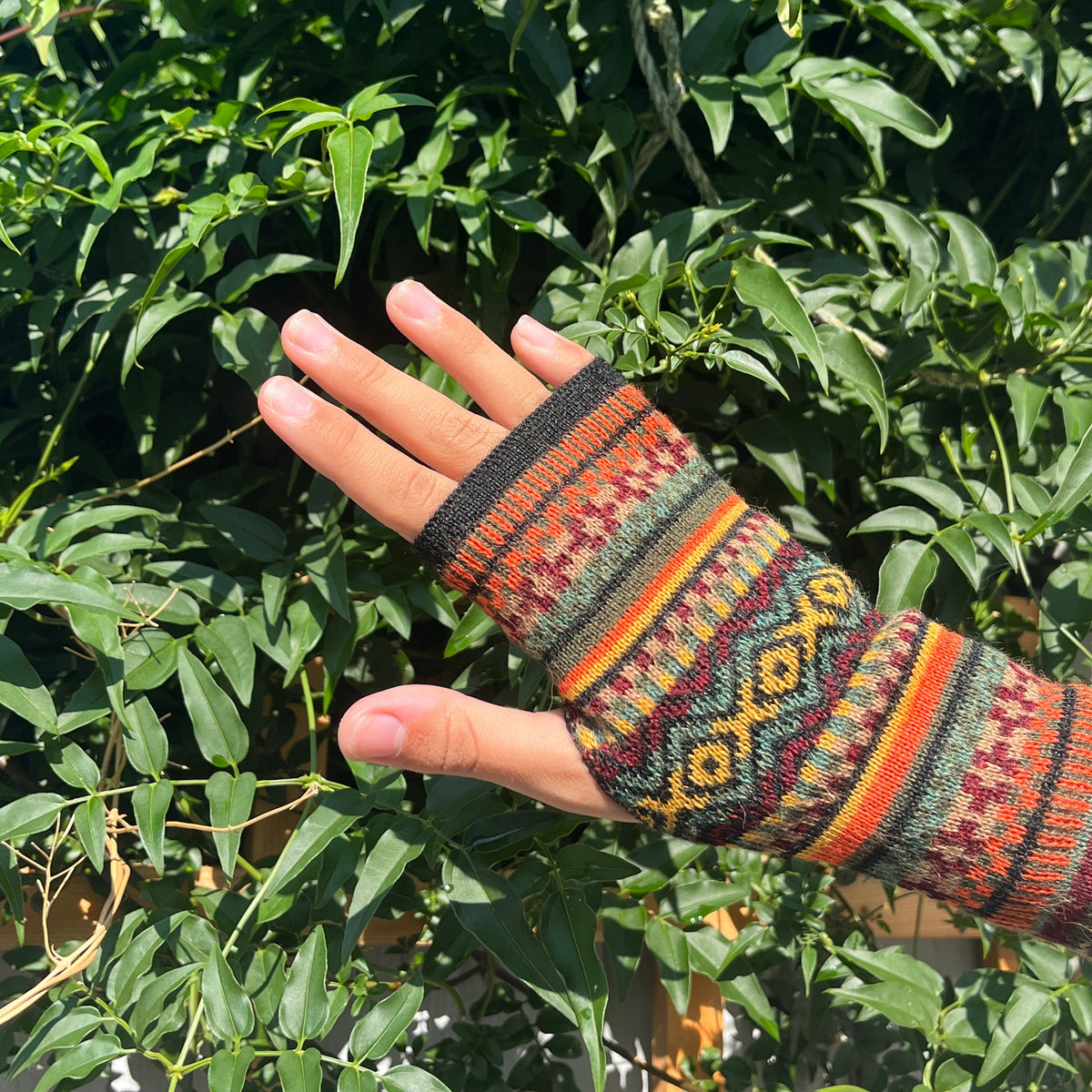 Orange Alpaca Fingerless Gloves - Fair Isle Style
