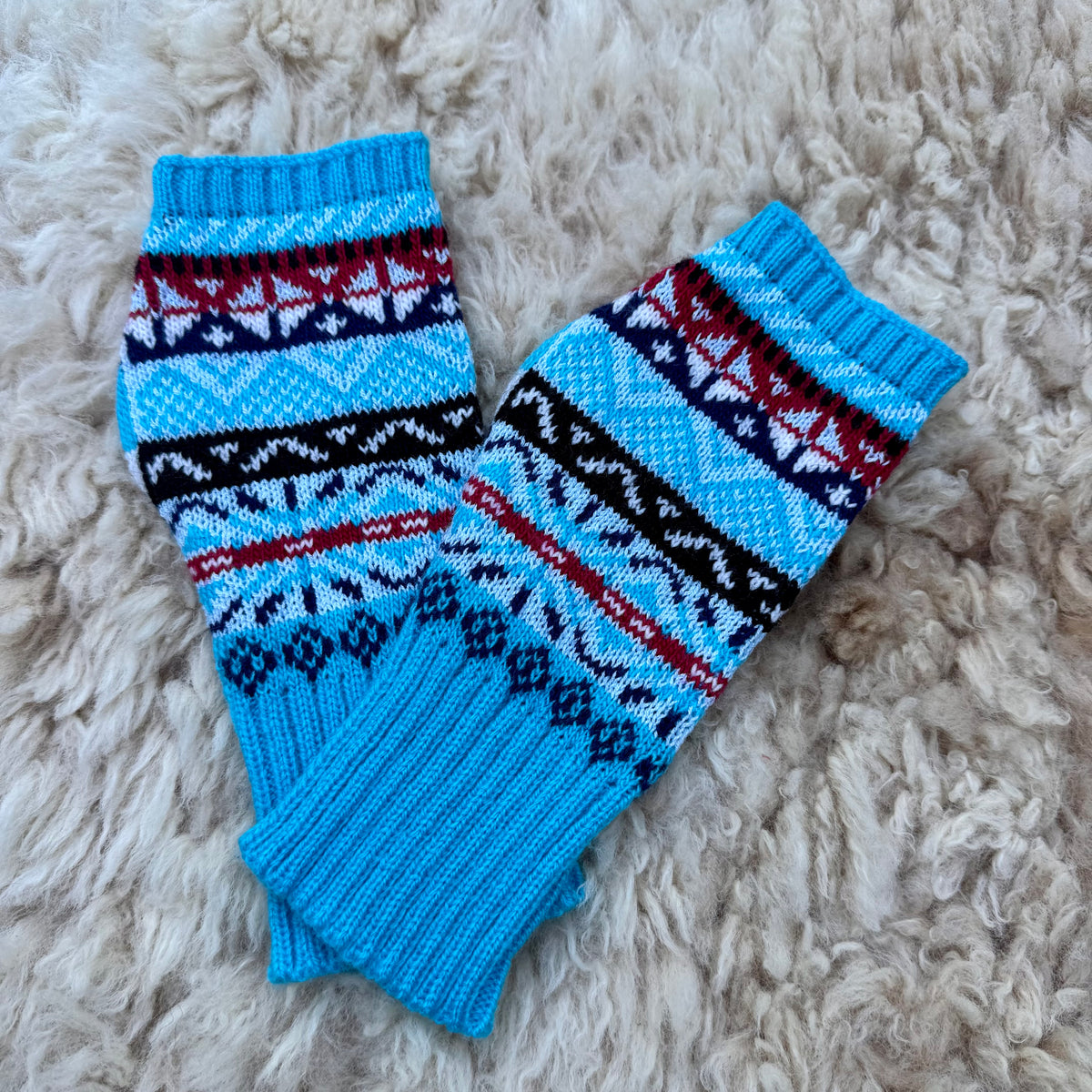 Alpaca Blend Fair Isle Fingerless Gloves- Turquoise