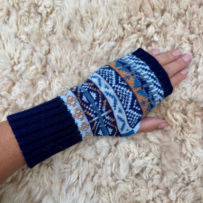 Alpaca Blend Fair Isle Fingerless Gloves- Navy Blue