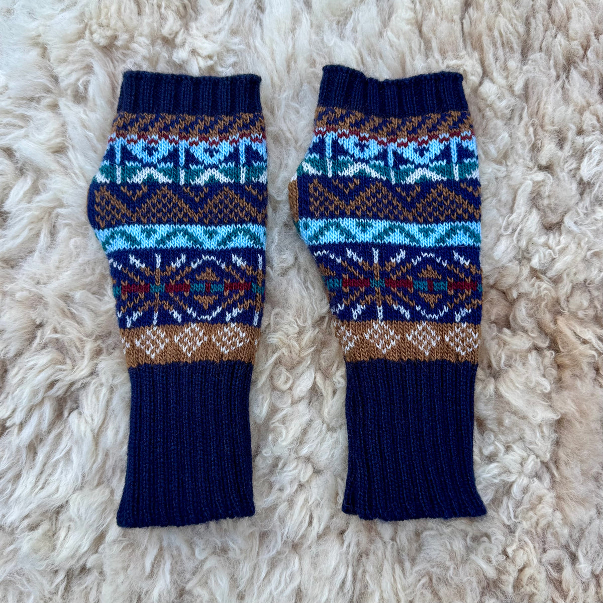 Alpaca Blend Fair Isle Fingerless Gloves- Blue