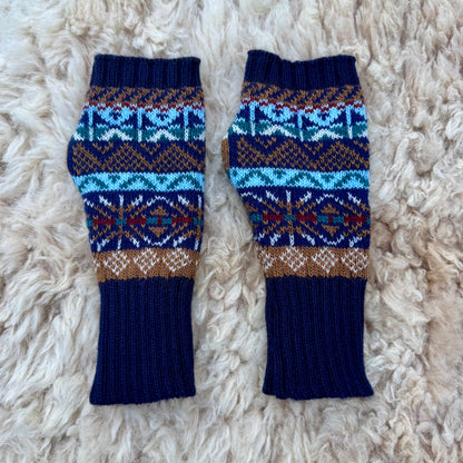 Alpaca Blend Fair Isle Fingerless Gloves- Blue