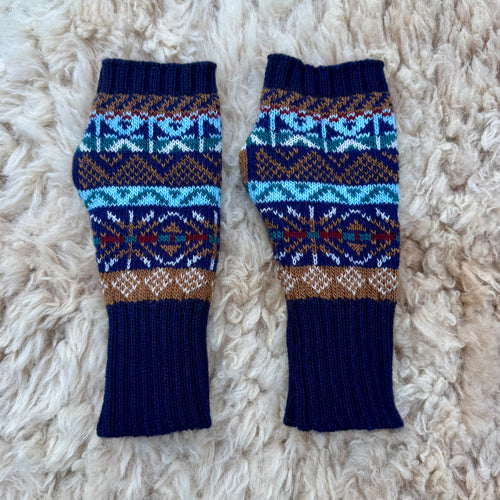 Alpaca Blend Fair Isle Fingerless Gloves- Blue