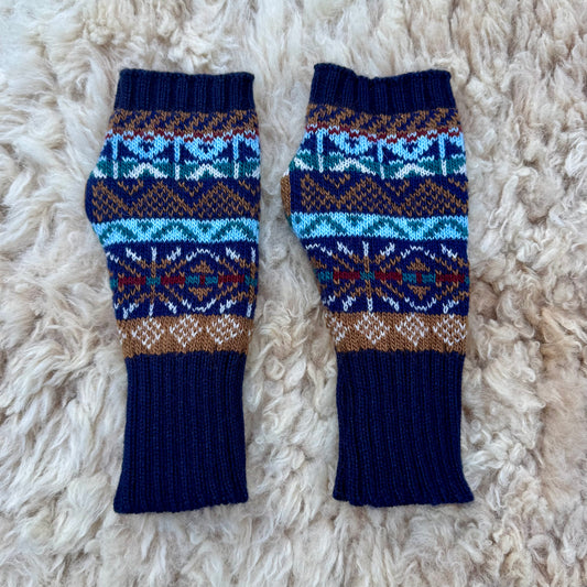 Alpaca Blend Fair Isle Fingerless Gloves- Blue