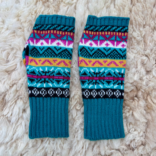 Alpaca Blend Fair Isle Fingerless Gloves- Green