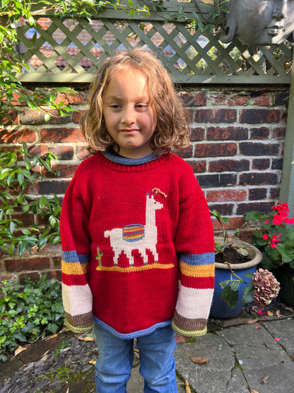 Toddler llama knit jumper, red llama pullover made from alpaca wool, Llama sweater, Llama gilrl boy clothing