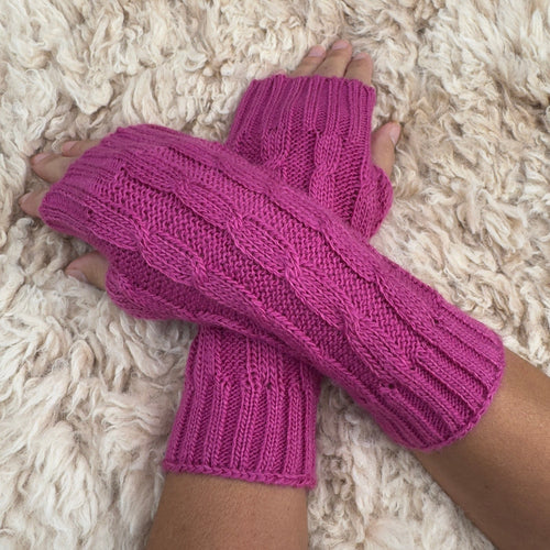 Pink Alpaca Blend Cable Knit Fingerless Gloves