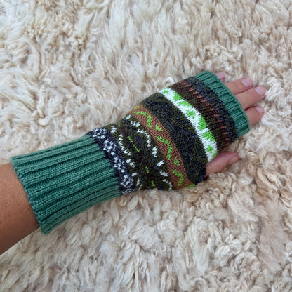 Alpaca Blend Fair Isle Fingerless Gloves-Olive Green