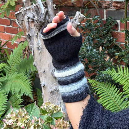 Black Baby Alpaca Fingerless Gloves | Striped Wrist Warmers
