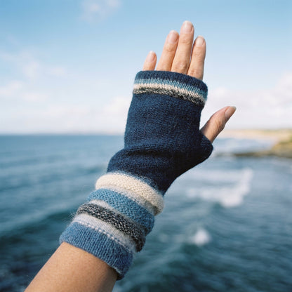 Navy Blue Baby Alpaca Fingerless Gloves | Striped Wrist Warmers