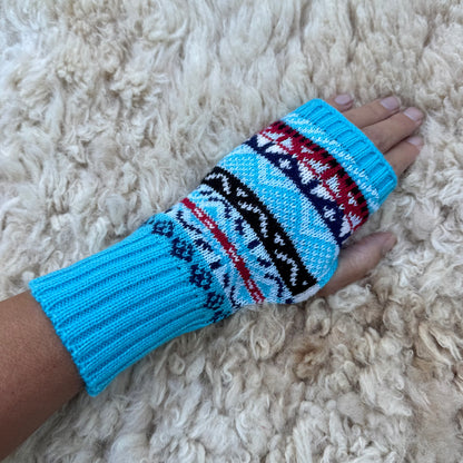 Alpaca Blend Fair Isle Fingerless Gloves- Turquoise