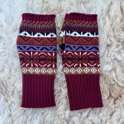 Alpaca Blend Fair Isle Fingerless Gloves- Burgundy