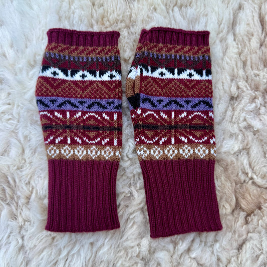 Alpaca Blend Fair Isle Fingerless Gloves- Burgundy