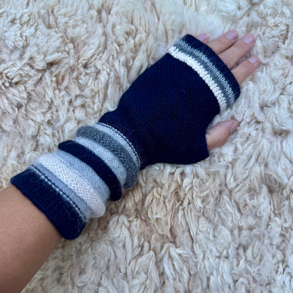 Midnight Navy Baby Alpaca Fingerless Gloves | Grey Striped Wrist Warmers