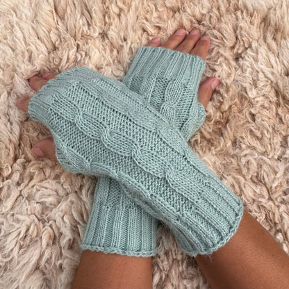 Aquamarine Alpaca Blend Cable Knit Fingerless Gloves