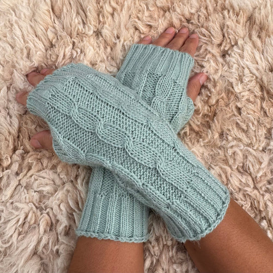 Aquamarine Alpaca Blend Cable Knit Fingerless Gloves