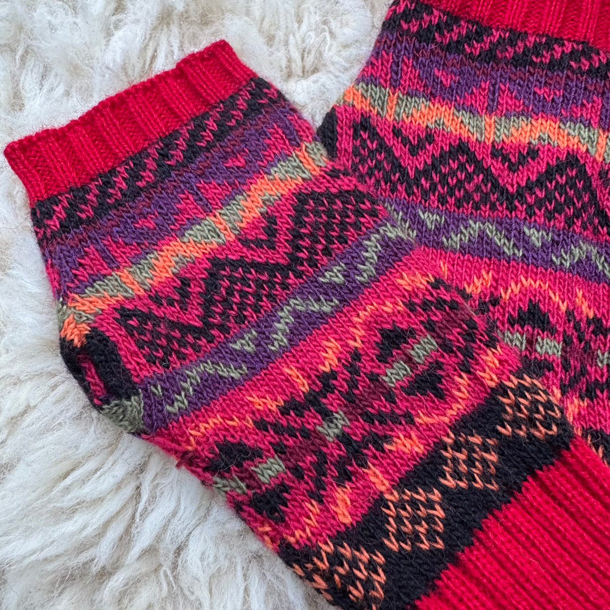 Alpaca Blend Fair Isle Fingerless Gloves - Red