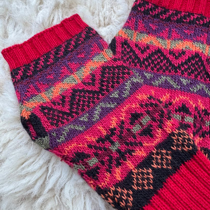 Alpaca Blend Fair Isle Fingerless Gloves - Red