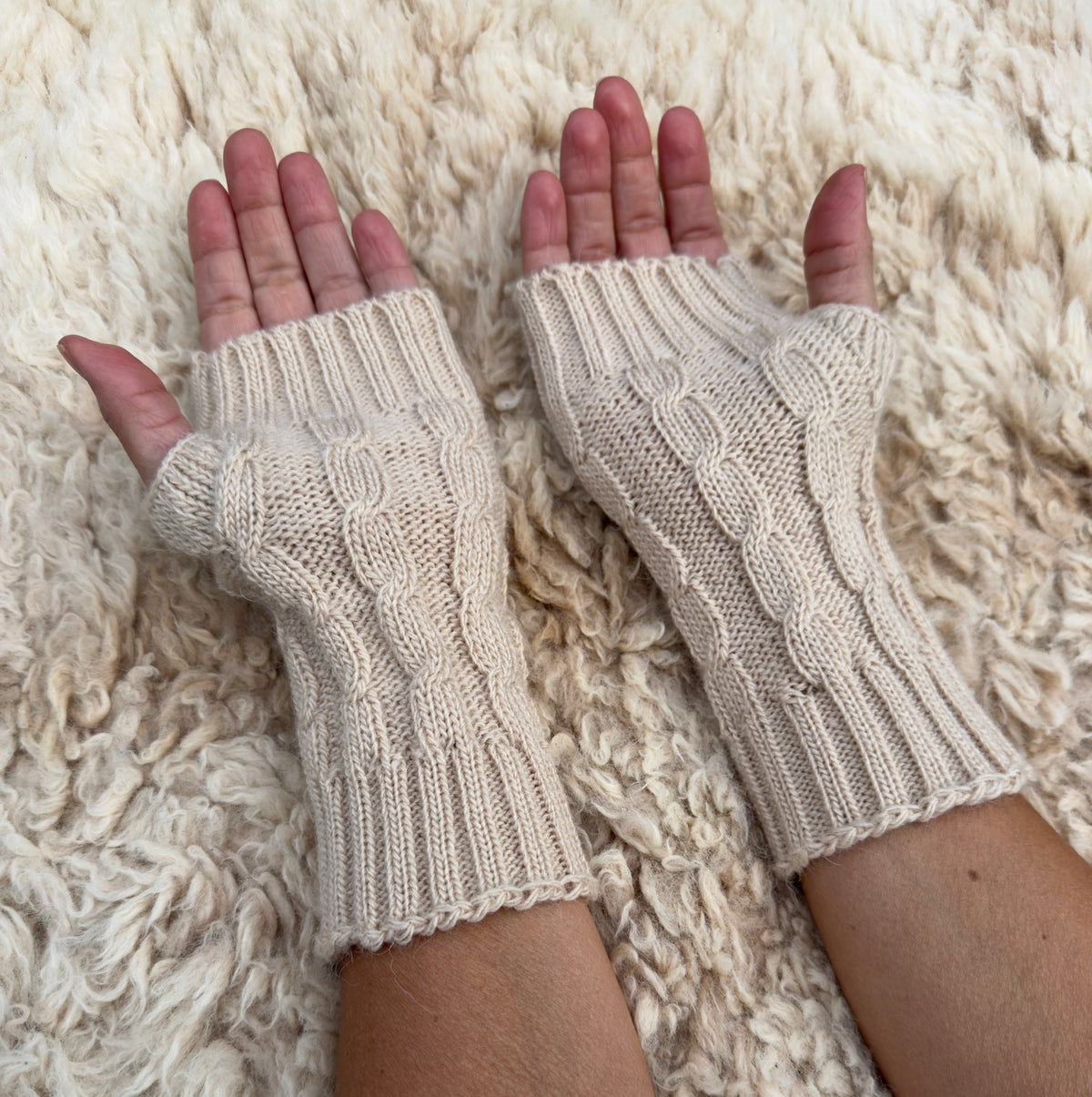Camel Alpaca Blend Cable Knit Fingerless Gloves