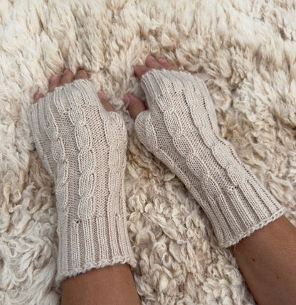 Camel Alpaca Blend Cable Knit Fingerless Gloves