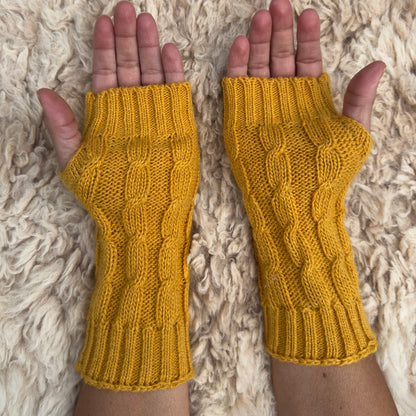 Mustard Alpaca Blend Cable Knit Fingerless Gloves