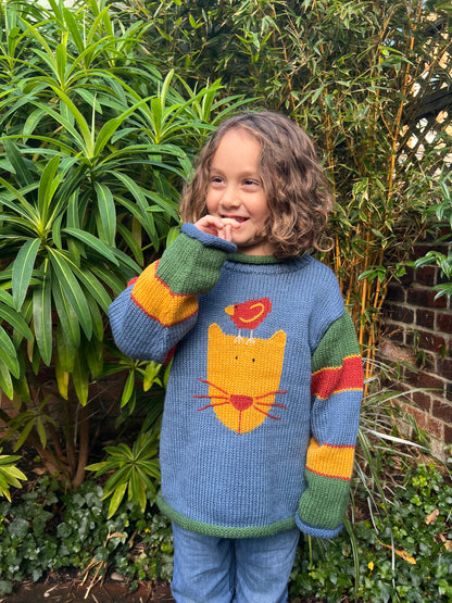 Alpaca wool cat jumper, Toddler knitted jumper, Cat and bird knitted Jumper,  Green cat knit sweater,  Cat gifts